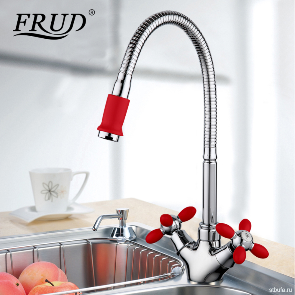 Смеситель FRUD кухня гибкий излив, керам. кран-буксы, силумин, красный/хром, гайка R43127-10 (1/10)